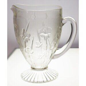 Vtg 50s Jeanette Glass Iris Herringbone Clear Glass Pitcher 2 quart Depression